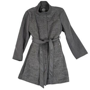 Vince Camuto Wool High Neck Belted PU Trim Coat Womens XXL Gray